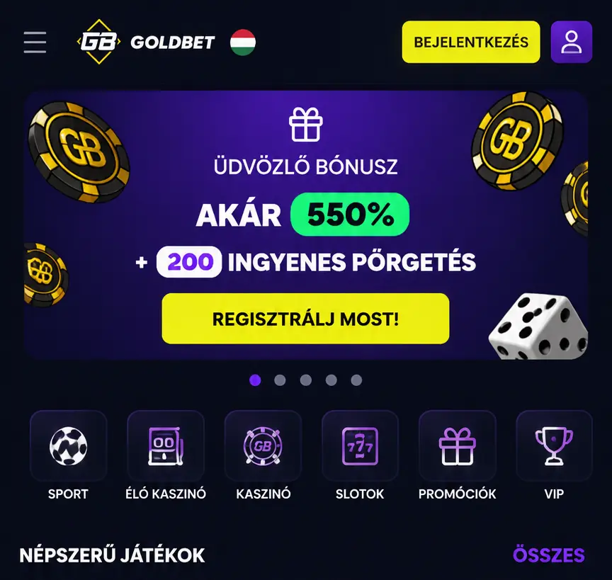 Goldbet Casino főoldal magyar nyelvű felülettel