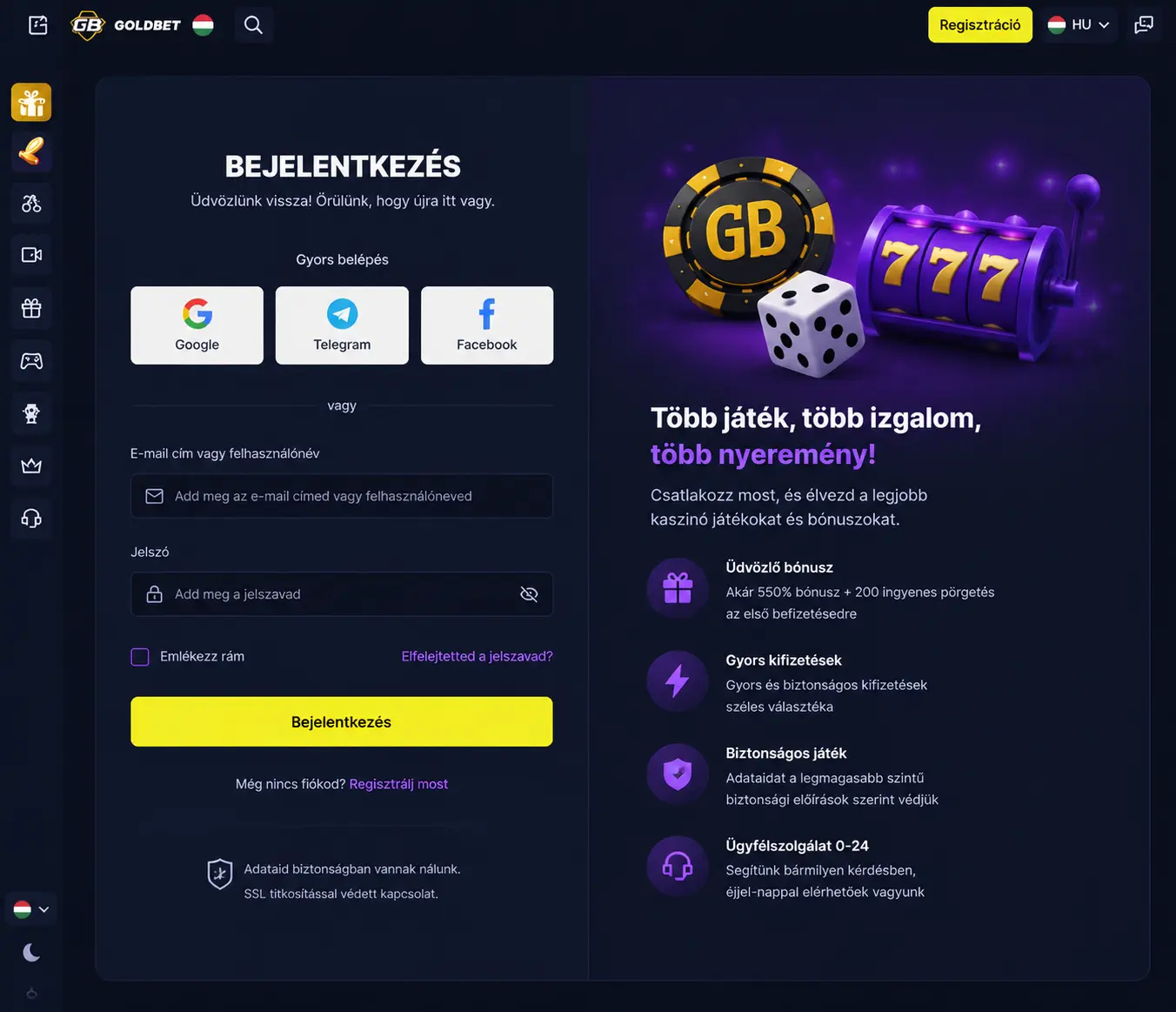 Goldbet bejelentkezési felület asztali nézetben