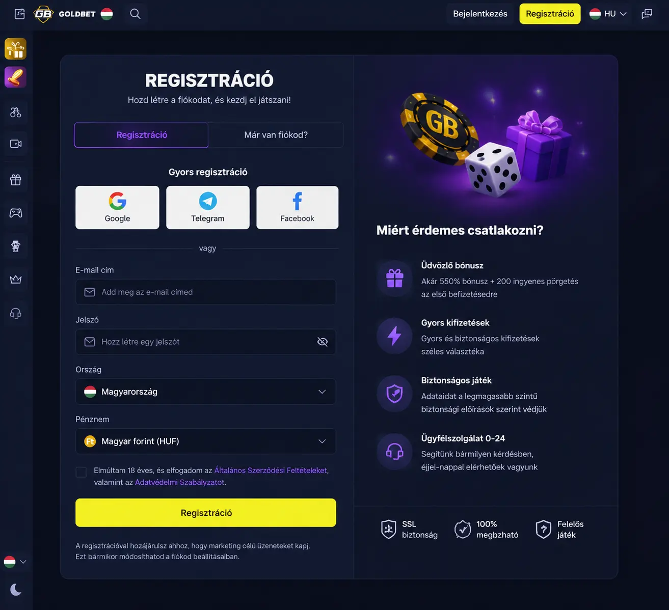 Goldbet regisztrációs űrlap és közösségi belépési lehetőségek
