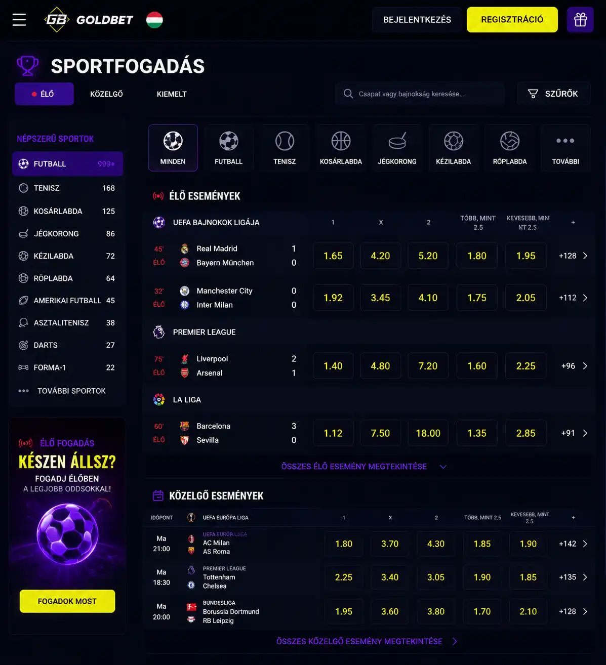 Goldbet sportfogadási felület — elérhető sportágak és mérkőzések